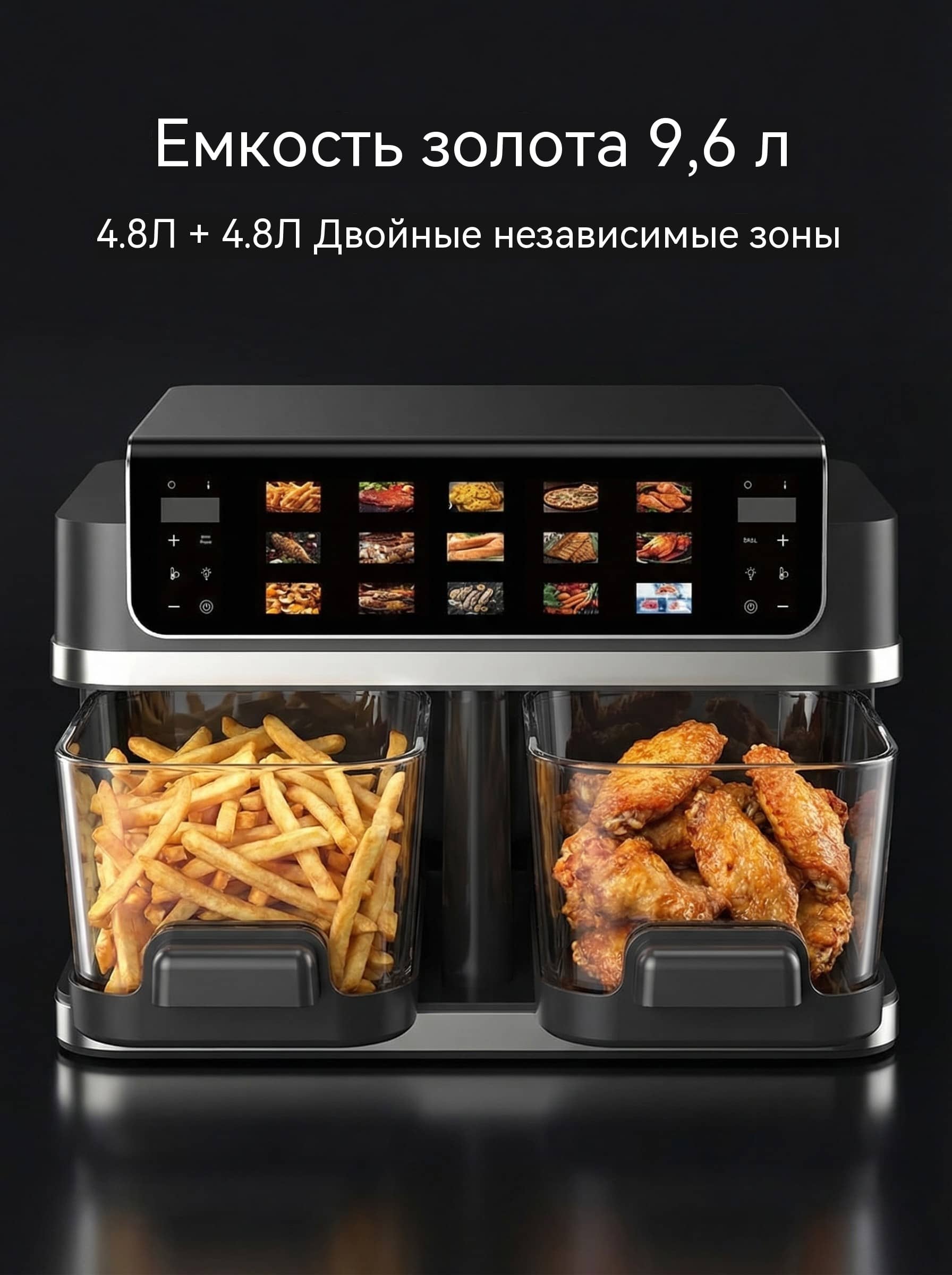 Двухкамерная фритюрница 2x4.8л 2200Вт независимые чаши стекло LFGB