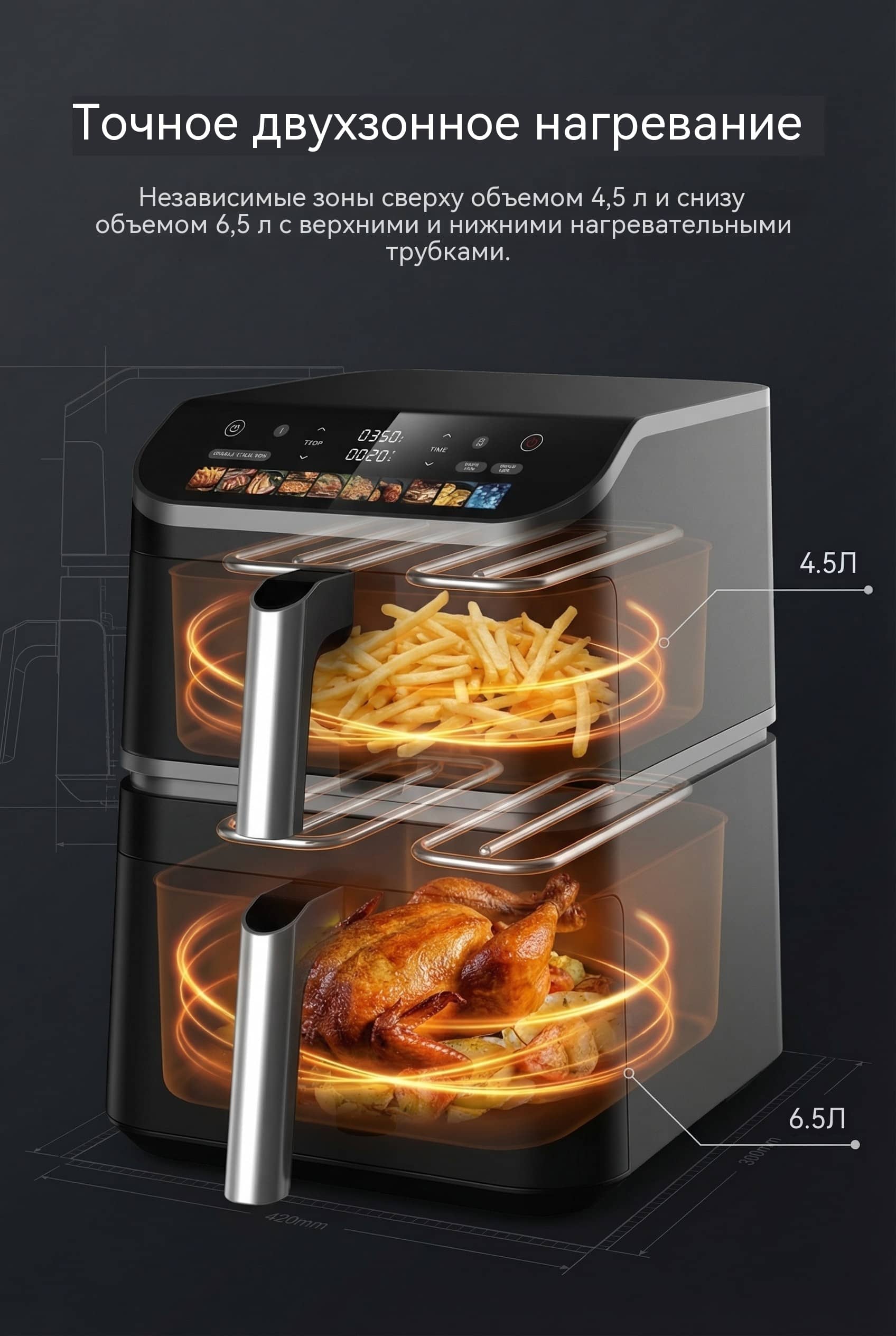 Умная двухъярусная фритюрница с разными чашами 4.5л+6.5л, мотор BLDC, сенсорный экран