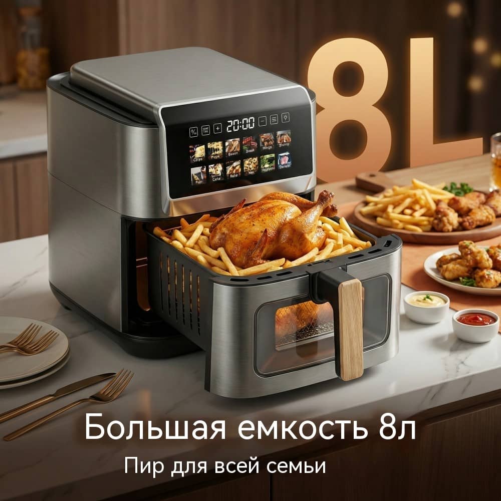 8 л Воздушная фритюрница OEM Полностью Металлический Корпус Сенсорный Экран 12 Программ Нержавеющая