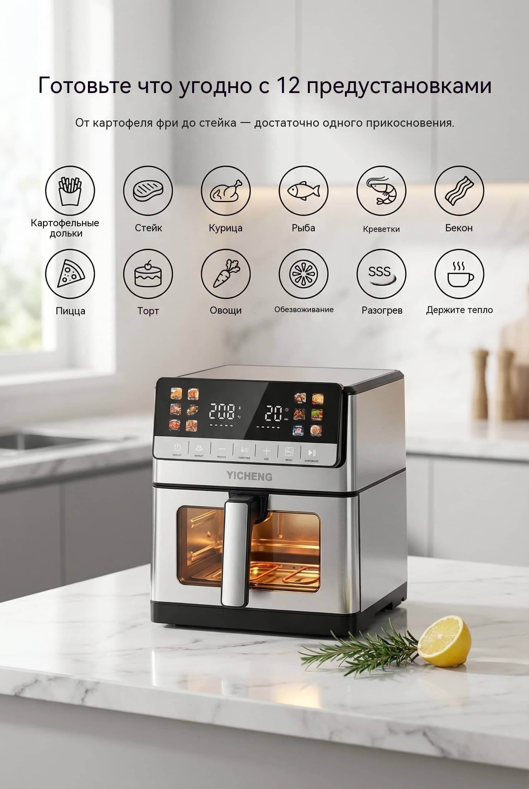 10 л Воздушная фритюрница OEM Цветной LCD-Экран 12 Режимов Wi-Fi Модель AF-8886